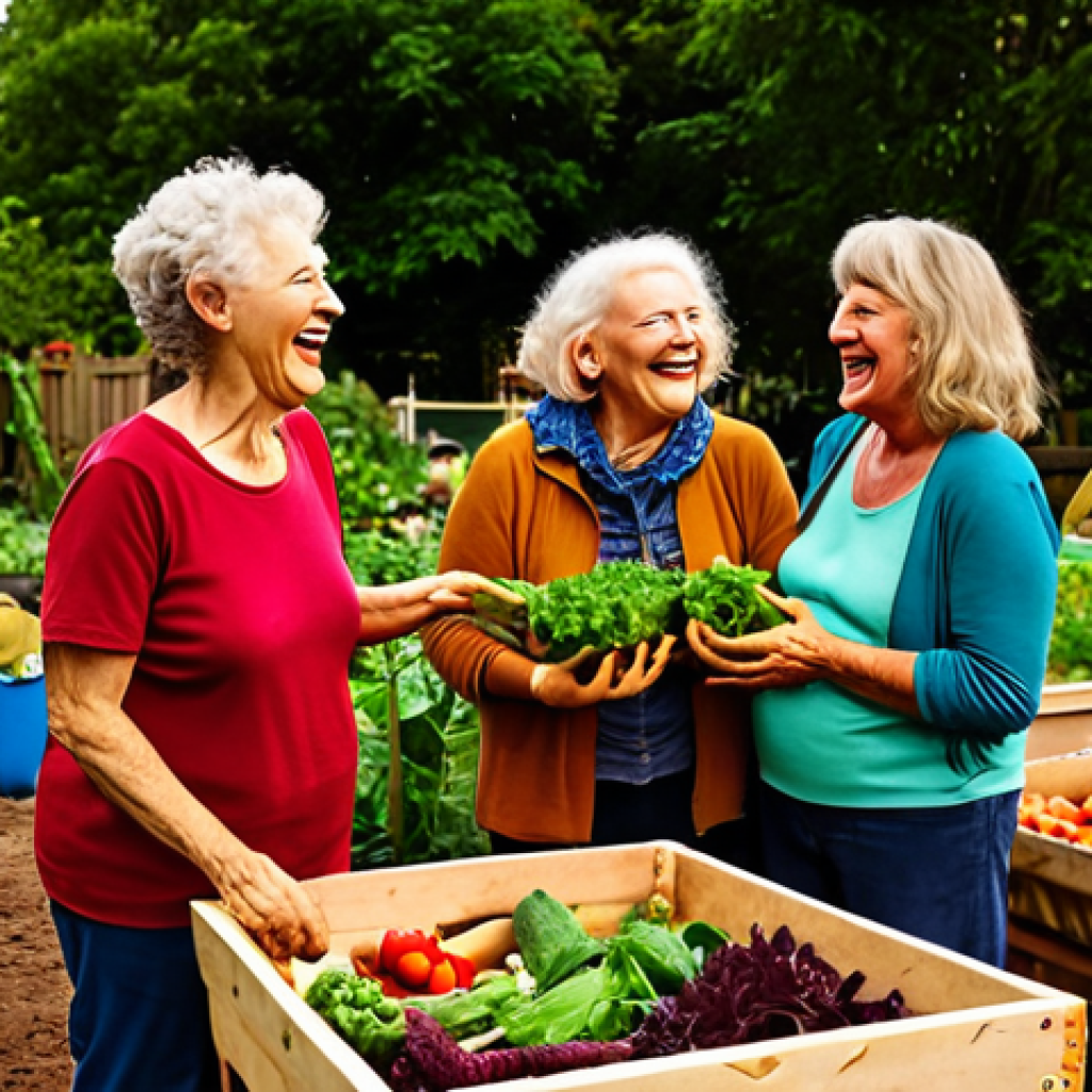 A vibrant community garden scene, people of all ages sharing harvested vegetables and laughing together, with emphasis on the abundance and joyful exchange. Focus on warm, earthy tones and a sense of connection.
