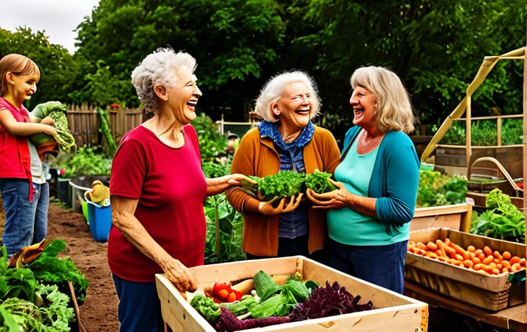 A vibrant community garden scene, people of all ages sharing harvested vegetables and laughing together, with emphasis on the abundance and joyful exchange. Focus on warm, earthy tones and a sense of connection.