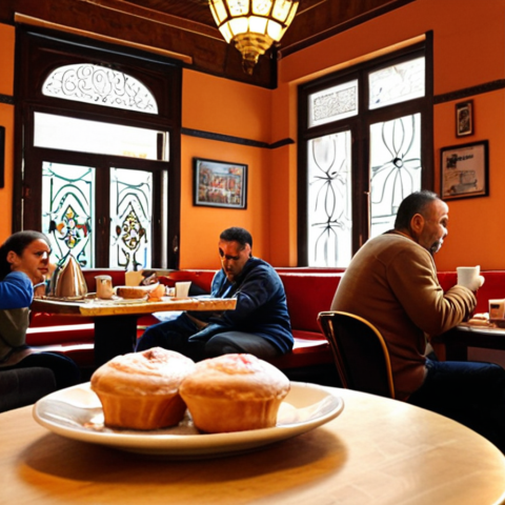 ** A warm, inviting cafe scene in Istanbul with people enjoying Turkish coffee and pastries. Focus on the cozy atmosphere and traditional decor. Use vibrant colors and emphasize the rich aroma of the coffee.

**