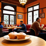 ** A warm, inviting cafe scene in Istanbul with people enjoying Turkish coffee and pastries. Focus on the cozy atmosphere and traditional decor. Use vibrant colors and emphasize the rich aroma of the coffee.

**