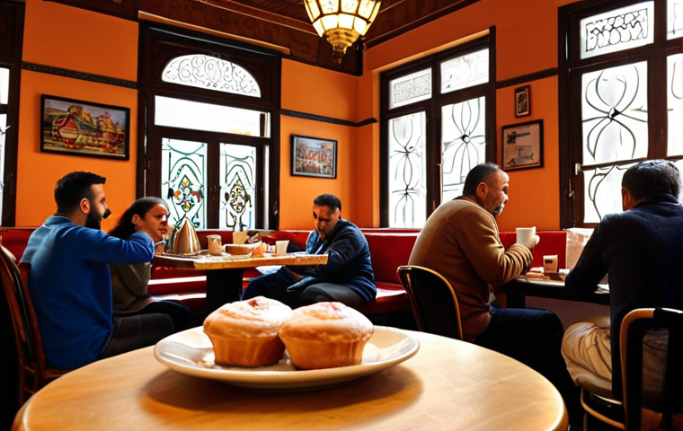 ** A warm, inviting cafe scene in Istanbul with people enjoying Turkish coffee and pastries. Focus on the cozy atmosphere and traditional decor. Use vibrant colors and emphasize the rich aroma of the coffee.
**