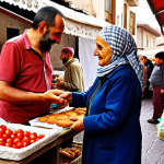 **

A bustling community market scene in Turkey. Ayşe Teyze, a friendly older woman with a headscarf, is exchanging homemade pastries for fresh vegetables with a younger man. Other people are bartering various goods and services, creating a vibrant atmosphere of trust and community. Focus on the warm, inviting colors of Turkish textiles and produce.

**
