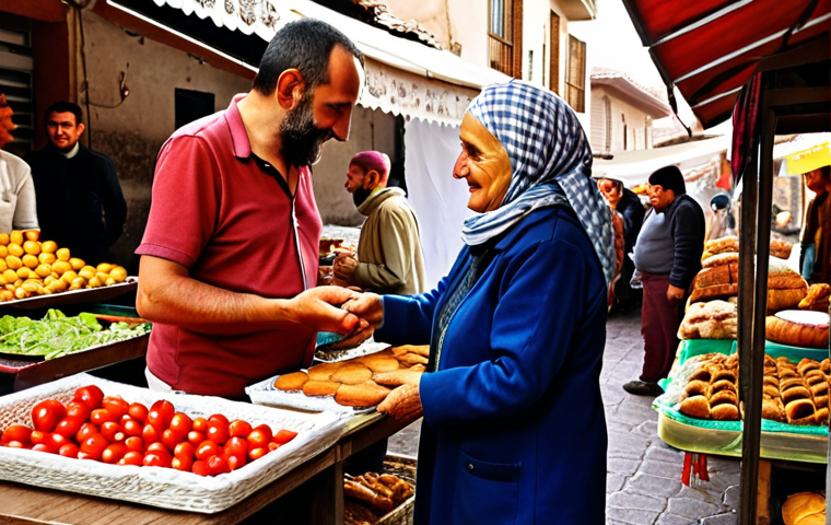 **
A bustling community market scene in Turkey. Ayşe Teyze, a friendly older woman with a headscarf, is exchanging homemade pastries for fresh vegetables with a younger man. Other people are bartering various goods and services, creating a vibrant atmosphere of trust and community. Focus on the warm, inviting colors of Turkish textiles and produce.
**