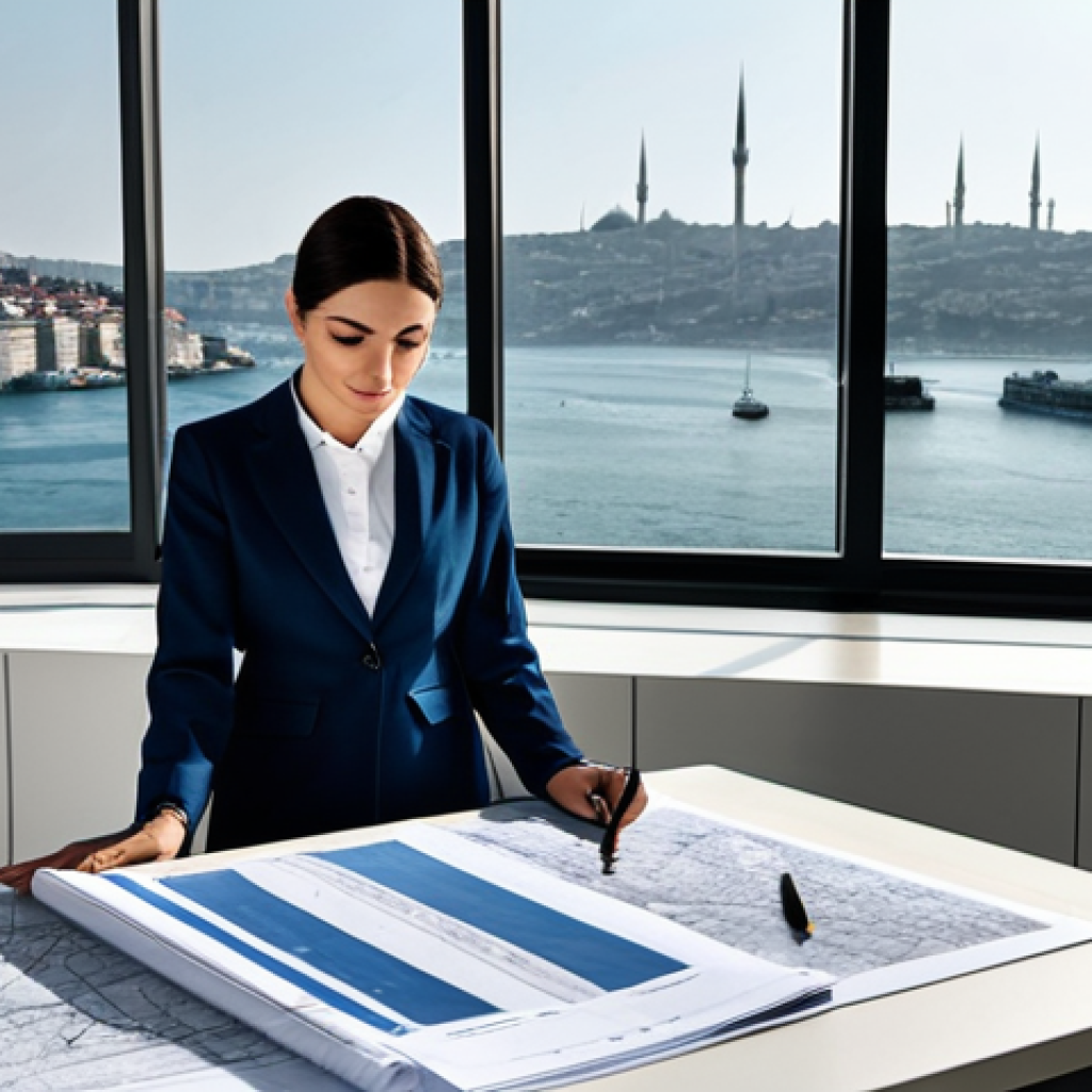 **

"A professional female architect, fully clothed in modest, stylish clothing appropriate for a business meeting in Istanbul. She is reviewing blueprints in a modern office with a view of the Bosphorus. Safe for work, perfect anatomy, natural proportions, professional, appropriate content, fully clothed."

**