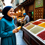 **

A vibrant scene in Istanbul's Grand Bazaar. A fully clothed woman in her late 20s, wearing a stylish, modest dress and headscarf, smiles as she interacts with a shop owner amidst colorful textiles and spices. The setting is bustling, filled with natural light, perfect anatomy, and appropriate attire. The image should evoke a sense of warmth and cultural richness. Safe for work, professional, modest, and family-friendly.

**