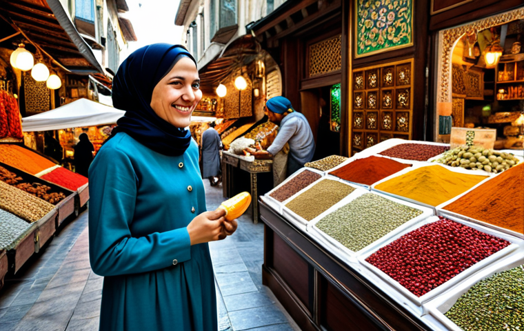 **
A vibrant scene in Istanbul's Grand Bazaar. A fully clothed woman in her late 20s, wearing a stylish, modest dress and headscarf, smiles as she interacts with a shop owner amidst colorful textiles and spices. The setting is bustling, filled with natural light, perfect anatomy, and appropriate attire. The image should evoke a sense of warmth and cultural richness. Safe for work, professional, modest, and family-friendly.
**