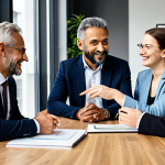 A group of fully clothed business professionals, diverse in age and background, are collaborating around a table in a modern co-working space, discussing ideas. The atmosphere is energetic and collaborative. "Safe for work", "appropriate content", "fully clothed", "professional", perfect anatomy, natural proportions, well-formed hands, proper finger count, natural body proportions, high quality.