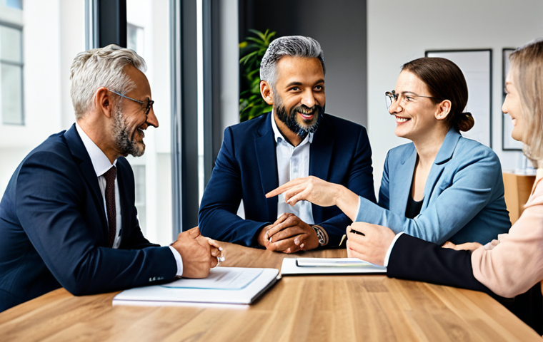 A group of fully clothed business professionals, diverse in age and background, are collaborating around a table in a modern co-working space, discussing ideas. The atmosphere is energetic and collaborative. "Safe for work", "appropriate content", "fully clothed", "professional", perfect anatomy, natural proportions, well-formed hands, proper finger count, natural body proportions, high quality.