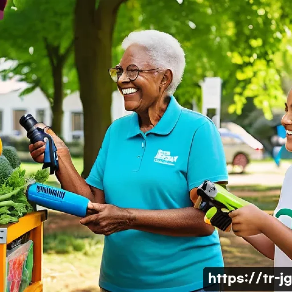 호혜적 교환 시스템의 커뮤니티 구축 - **Community Tool Library Exchange:** A vibrant outdoor scene in a sunny neighborhood park, where peo...