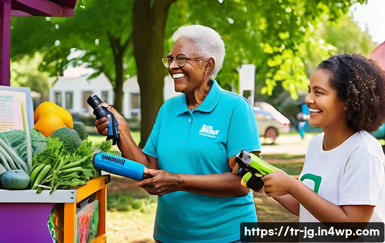 호혜적 교환 시스템의 커뮤니티 구축 - **Community Tool Library Exchange:** A vibrant outdoor scene in a sunny neighborhood park, where peo...