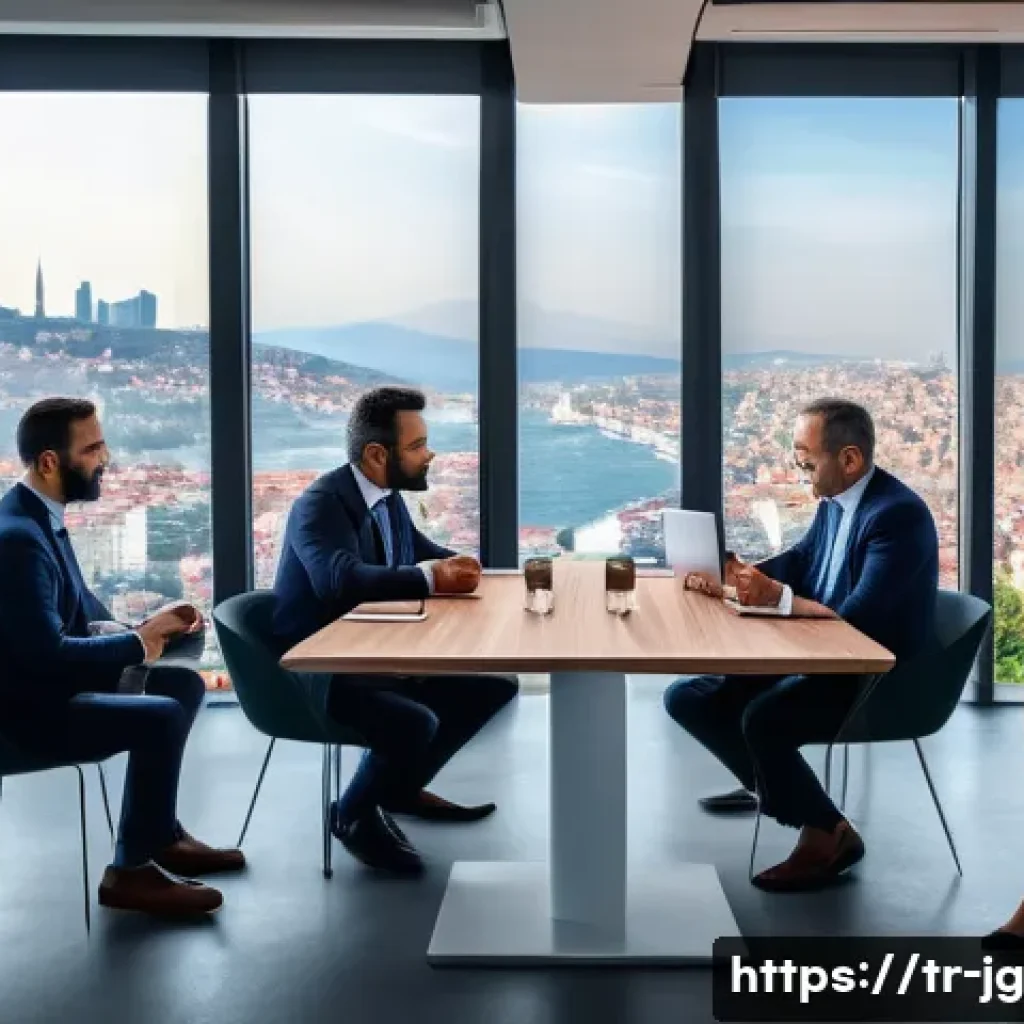 호혜적 교환 시스템의 통합적 접근 방식 - A modern Turkish business meeting scene in a bright, contemporary office overlooking Istanbul’s skyl...