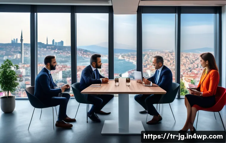 호혜적 교환 시스템의 통합적 접근 방식 - A modern Turkish business meeting scene in a bright, contemporary office overlooking Istanbul’s skyl...