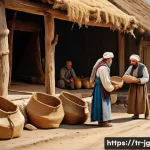 호혜적 교환 시스템의 발전 과정 - An ancient Anatolian village scene depicting early trade through barter: villagers exchanging surplu...