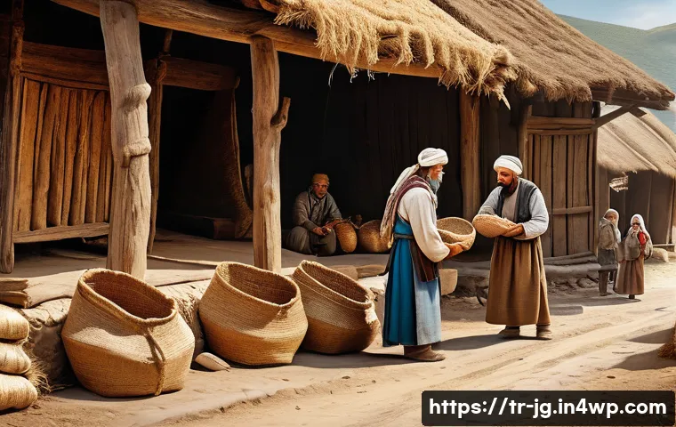호혜적 교환 시스템의 발전 과정 - An ancient Anatolian village scene depicting early trade through barter: villagers exchanging surplu...
