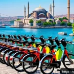 호혜적 교환 시스템과 공유 경제 - A vibrant urban scene in Istanbul showcasing a diverse group of young adults engaging in a bike-shar...