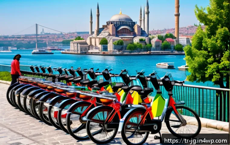 호혜적 교환 시스템과 공유 경제 - A vibrant urban scene in Istanbul showcasing a diverse group of young adults engaging in a bike-shar...
