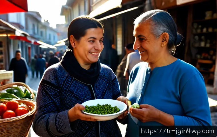 Home 17 호혜적 교환 시스템의 역할과 기능 - Photorealistic community barter market in a sunny Turkish neighborhood, two diverse adult neighbors ...
